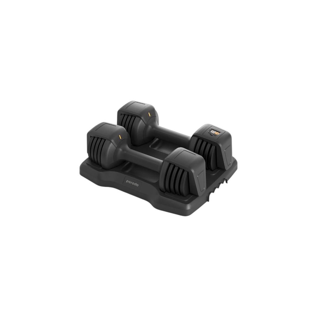 Porodo 12.5 lb smart dumbbell used during an at-home upper body toning workout