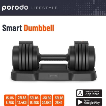 Porodo 55 lb smart dumbbell used during a home strength training workout session