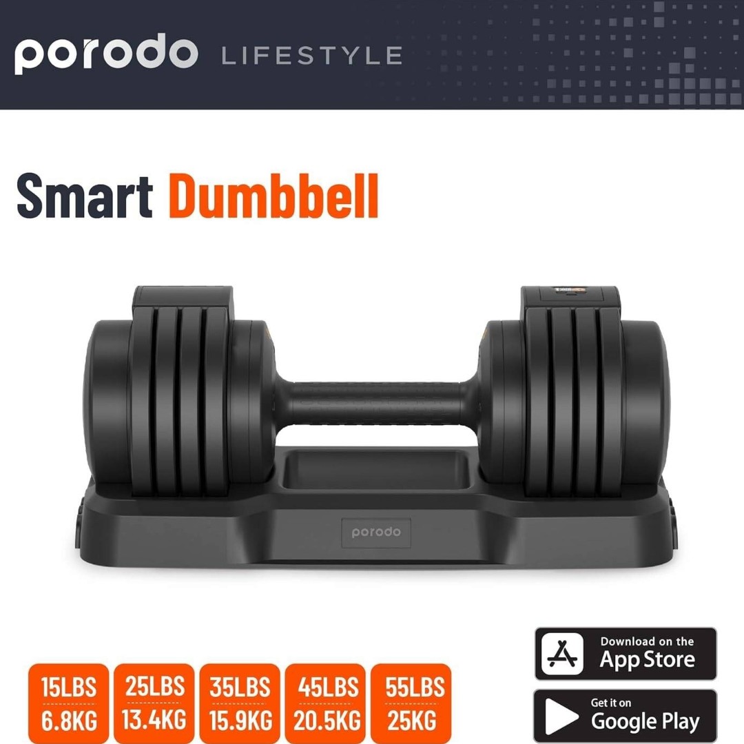 Porodo 55 LB Single Adjustable Smart Dumbbell (1) Porodo 55 lb smart dumbbell used during a home strength training workout session