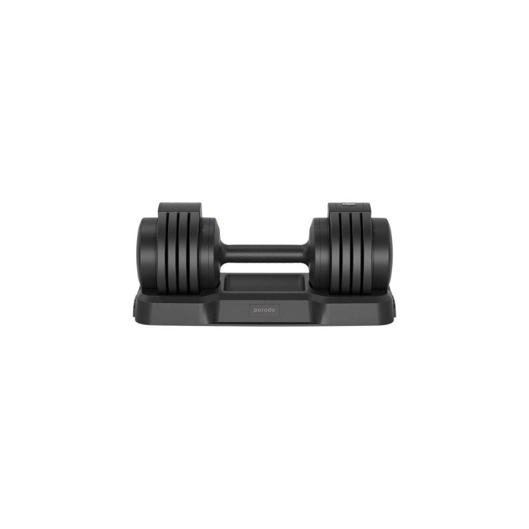Porodo adjustable smart dumbbell showing weight adjustment handle and mechanism