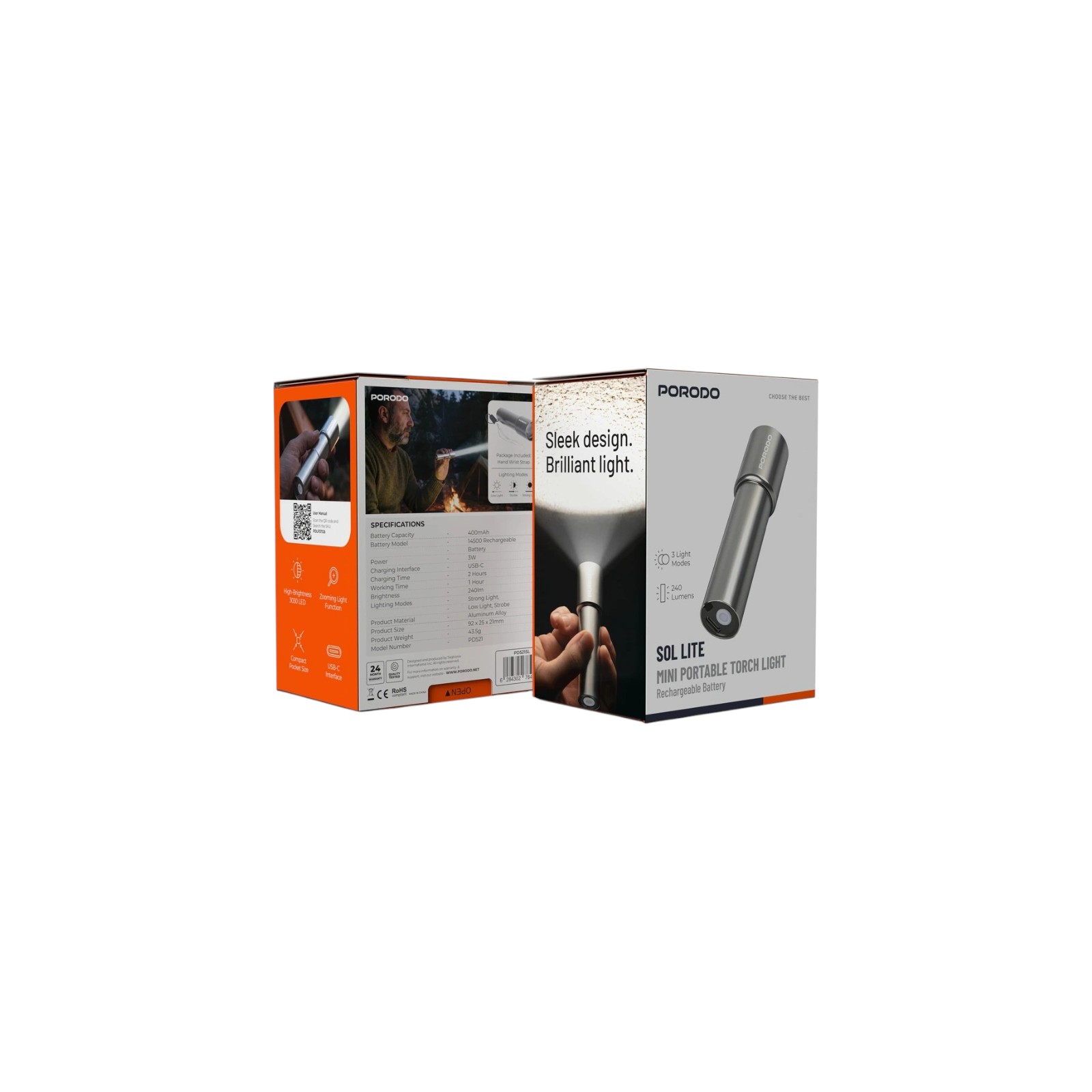Porodo Sol Lite Mini Portable Torch Light with Rechargeable battery - Silver (1)