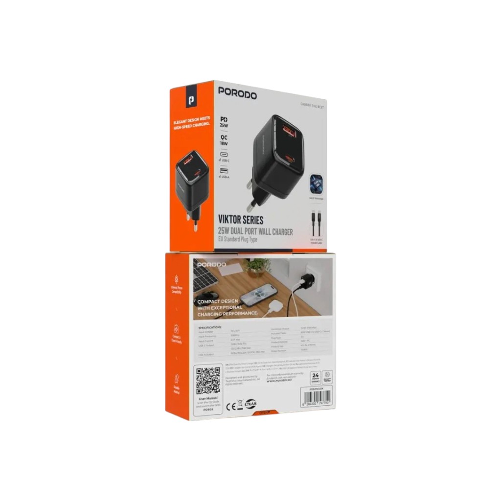 Porodo Viktor Series 25W Dual Port Wall Charger in black finish with EU plug